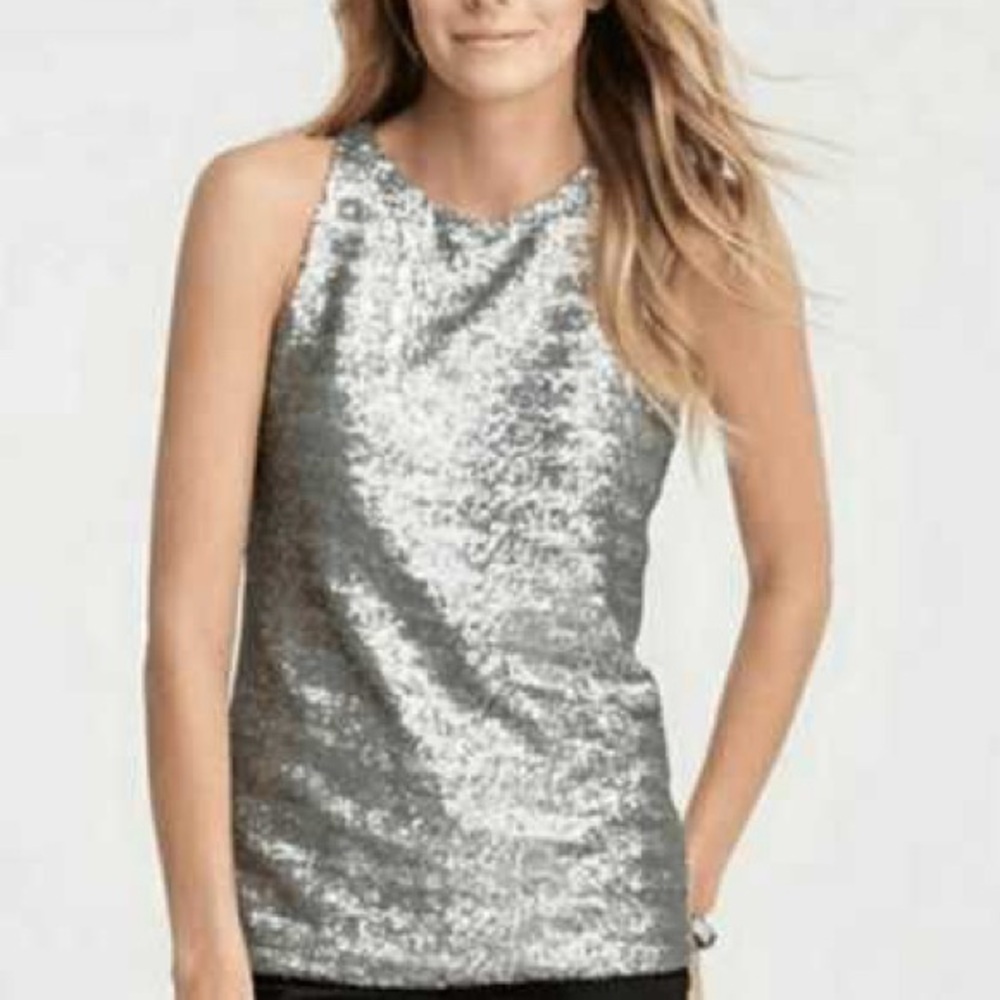 Ann Taylor Petite Silver Sequin Tank Top Size Large Petite